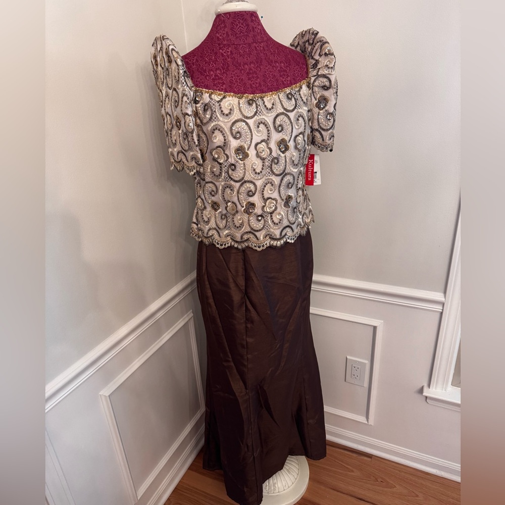 Rafaella Brown and Cream Sequin Filipiniana Gown. 2 piece